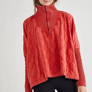 Free People FP One Quilted Red-Orange Turtleneck Sweater Oversized Lagenlook